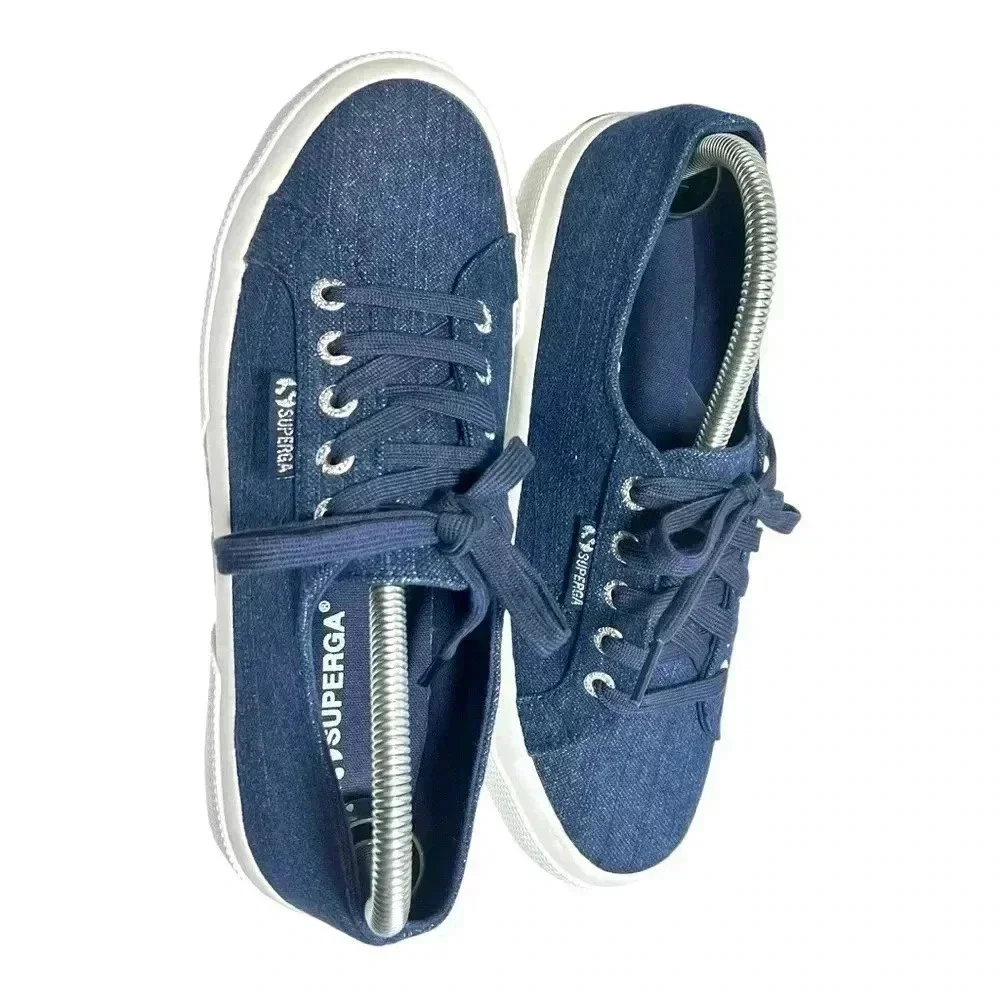 Superga 2750 Cotu Classic Blue Denim And Gold Shimmer Sneaker Women’s 7.5
